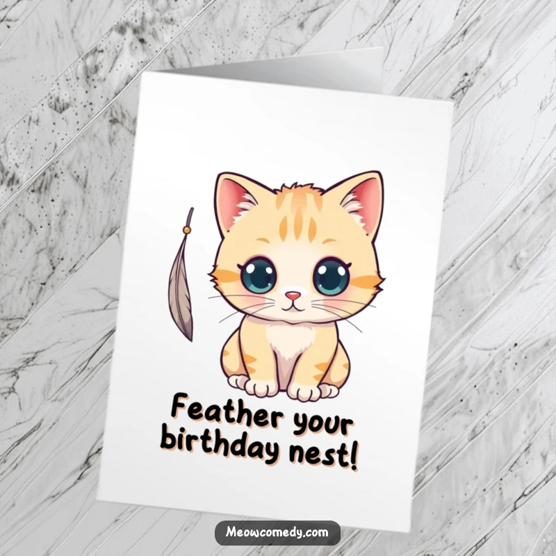 Funny free printable birthday card: Kawaii cat with big eyes playfully bats at a dangling feather, full of curiosity.