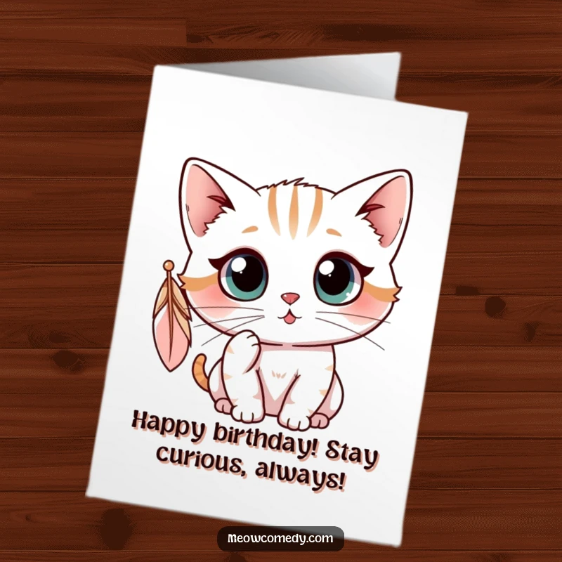 Funny Free Printable Birthday Card: Kawaii cat with big eyes playfully batting at a dangling feather.