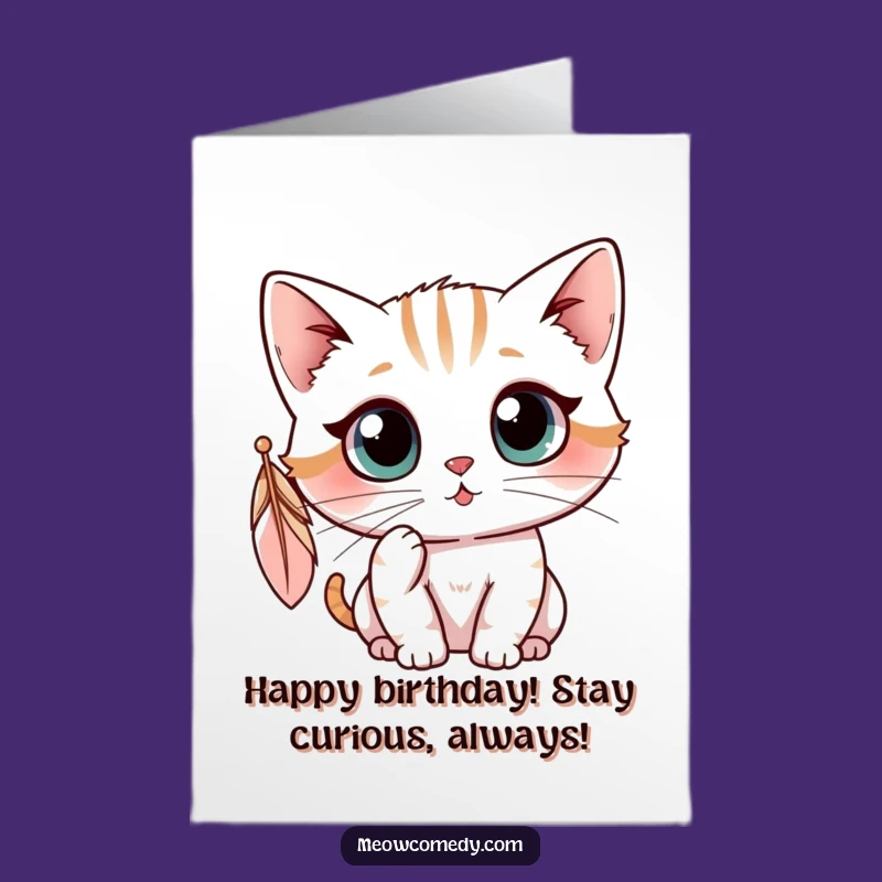 Free Printable Bday Card: Kawaii Cat Feather Play - Funny Downloadable Gift