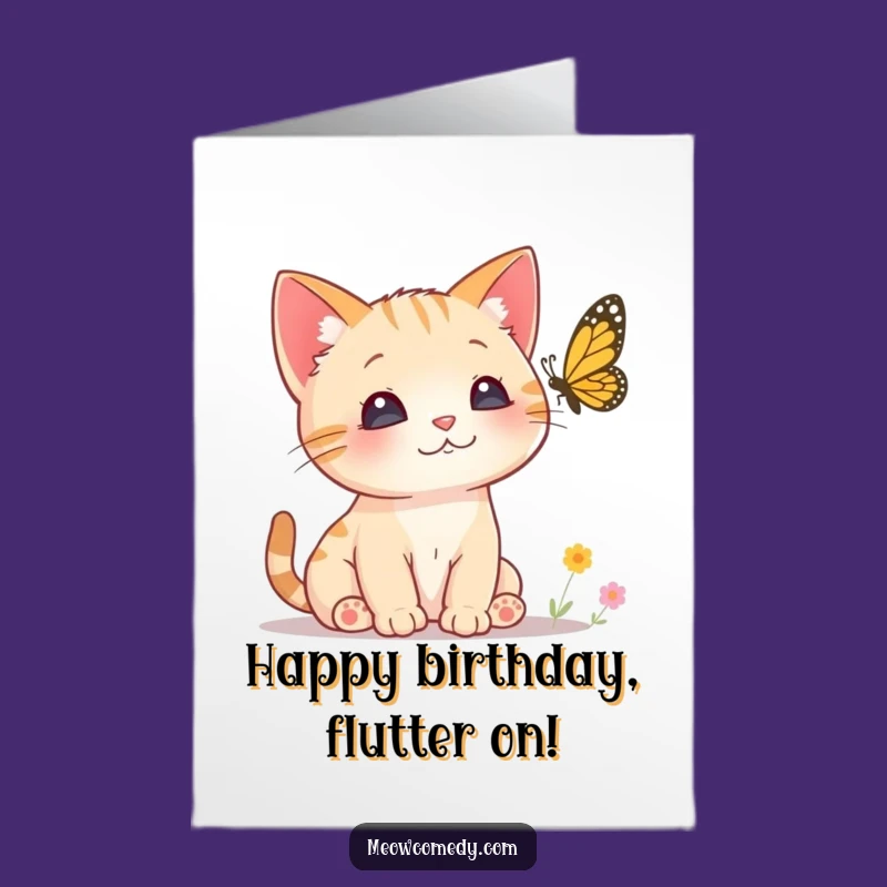 Free Printable Birthday Card: Curious Cat Butterfly, Perked Ears Greeting Card Gift