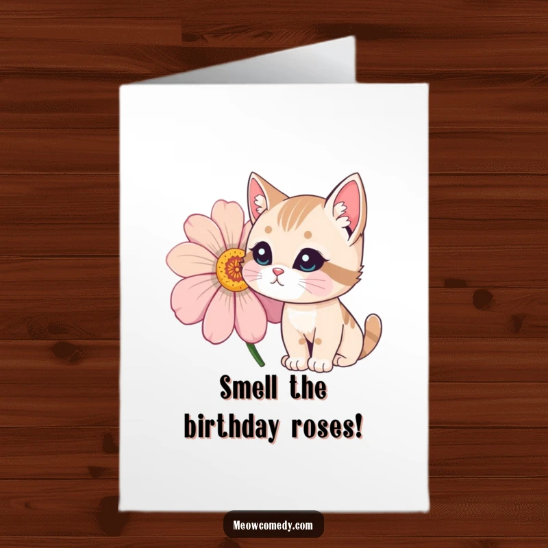 Funny free printable birthday card, a curious cat with an inquisitive expression sniffing a large, vibrant, colorful flower.