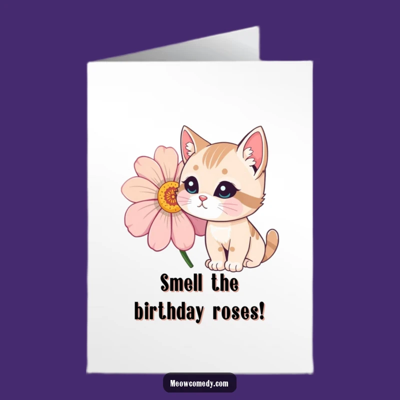 Free Printable Birthday Card: Curious Cat & Flower - Whimsical Downloadable Gift!