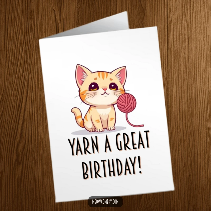 Funny Free Printable Birthday Card: a curious cat intently watching a spinning yarn ball, perfect for laughs.