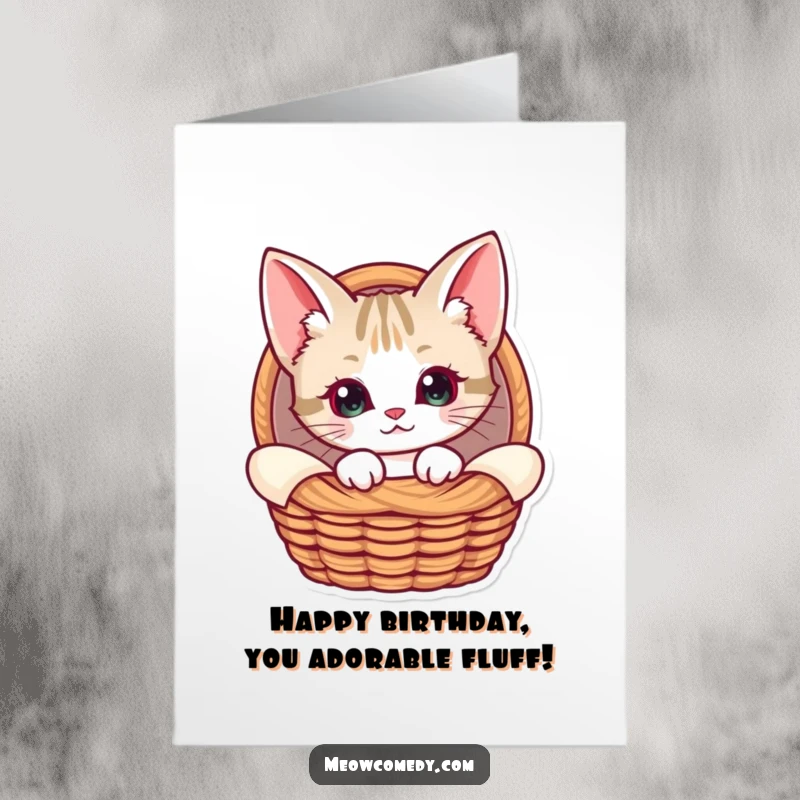 Funny Free Printable Birthday Card: A curious kawaii cat with huge ears peeks from a warm, cozy basket.
