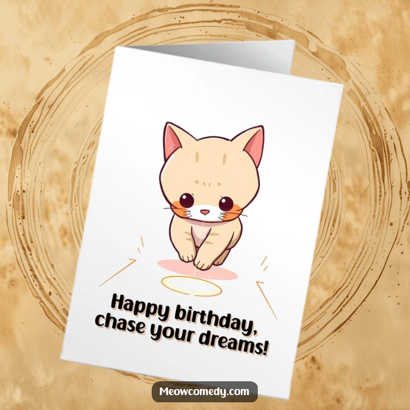 Funny Free Printable Birthday Card: A kawaii cat excitedly chases a red laser dot across a floor with glee.