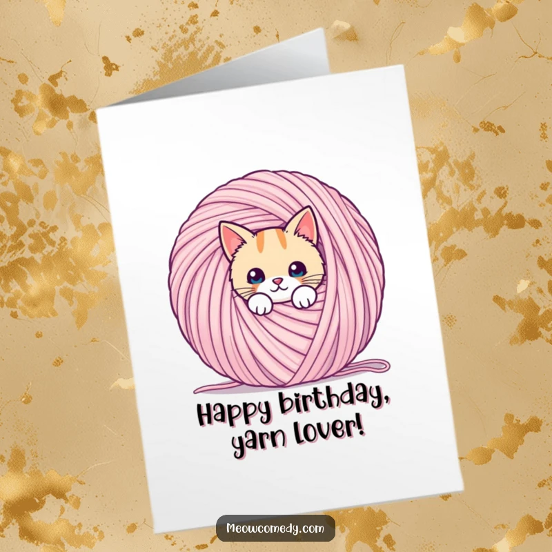 Funny Free Printable Birthday Card: A shy kawaii cat peeks from behind a massive ball of colorful yarn.