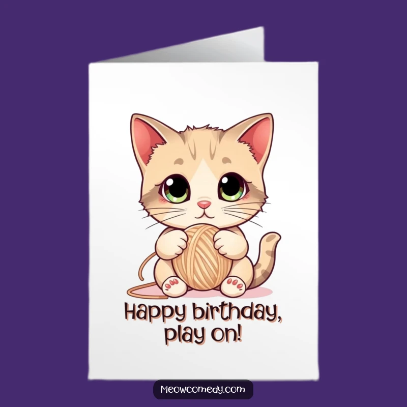 Free Printable Birthday Card: Funny Kitty Yarn, Huge Eyes Cat Greeting Card Gift
