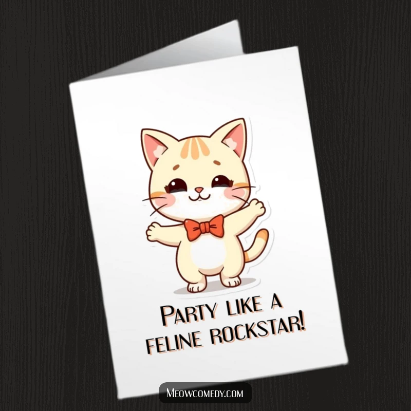 Funny Free Printable Birthday Card: Cute kawaii cat wearing a bow tie, performing a ridiculously silly dance. A whimsical birthday greeting.