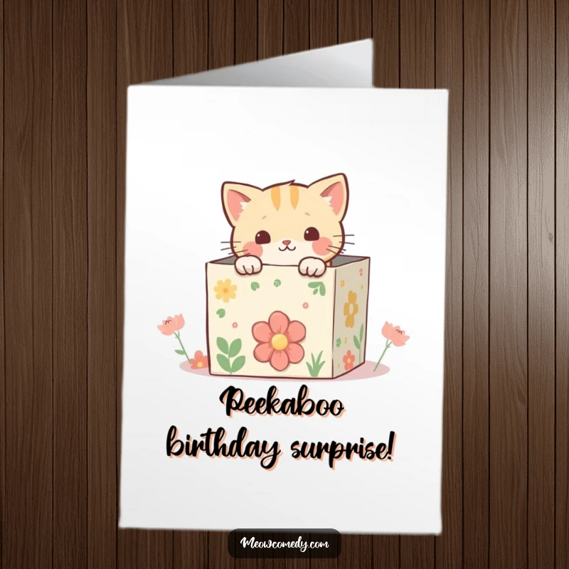 Funny Free Printable Birthday Card: Kawaii cat peeking from a whimsical, decorated box, a playful downloadable birthday greeting.