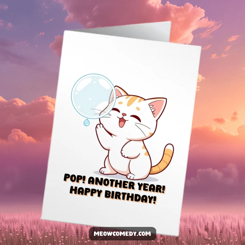 Funny Free Printable Birthday Card: Kawaii cat playfully batting at a big floating bubble, cute and whimsical.