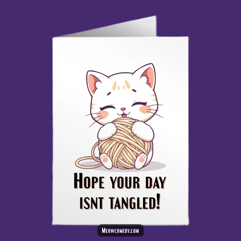 Free Printable Birthday Card: Tangled Kawaii Cat Yarn, Funny Animal Friend Downloadable Gift Idea