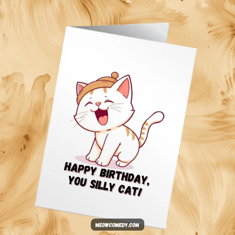 Funny Free Printable Happy Birthday Card: a silly cat trips over its tail while wearing a small, jaunty hat.