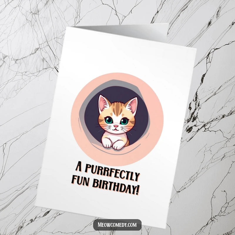 Funny Free Printable birthday card of a mischievous cat peeking out from a perfectly round, colorful hole, ready to surprise.