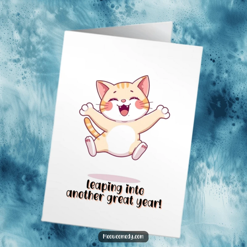 Funny Free Printable Birthday Card featuring a happy cat executing a graceful, soaring leap with an ecstatic expression.
