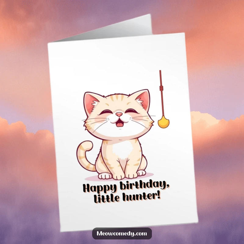 Funny Free Printable Birthday Card showing a cute cat energetically batting at a dangling string toy with its paws.