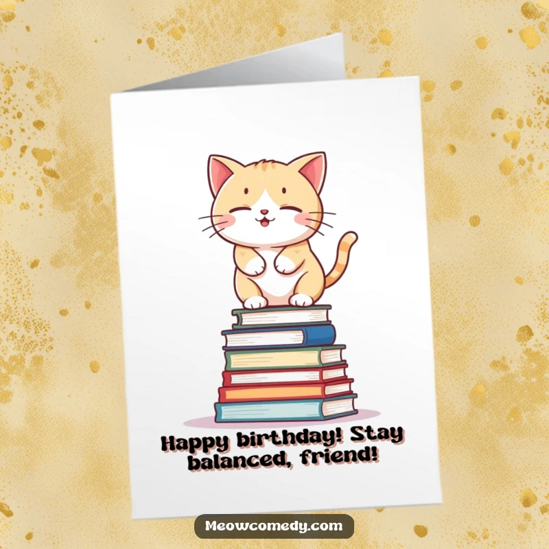 Funny Free Printable Birthday Card: Kawaii cat struggling to balance on a tall, unsteady stack of books.