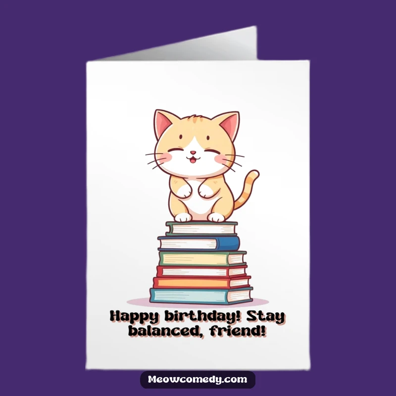 Free Printable Bday Card: Kawaii Cat Book Balance - Funny Downloadable Gift