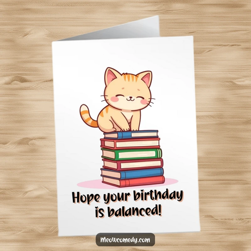 Funny free printable birthday card: Kawaii cat teeters precariously on a tall, unstable stack of books, eyes wide.