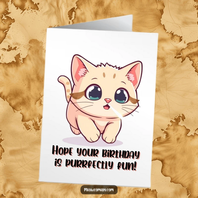 Funny Free Printable Birthday Card: An excited kawaii cat frantically chases a shimmering laser dot with wide eyes.