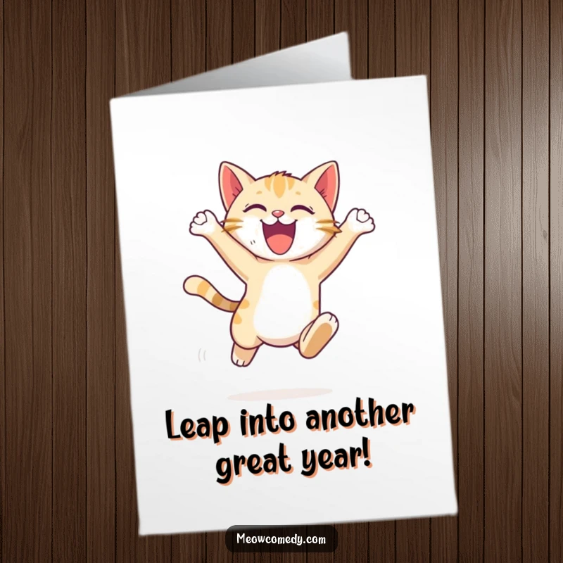 Funny Free Printable Birthday Card: An energetic cat cub executes a graceful, exciting leap, full of playful exuberance. Happy birthday energy.