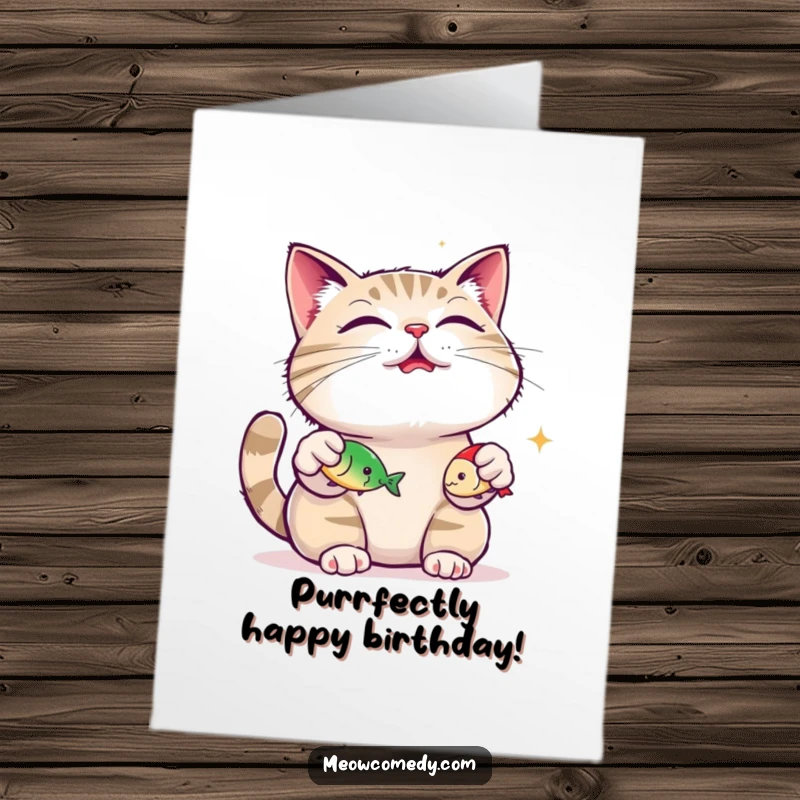 Funny Free Printable Birthday Card: A happy cat serenely juggles three small fish toys with closed eyes.
