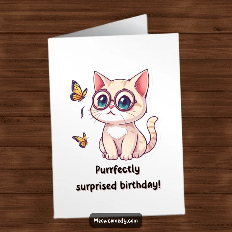 Funny Free Printable Birthday Card: Kawaii cat with a monocle looks shocked at a butterfly, a humorous downloadable birthday surprise.