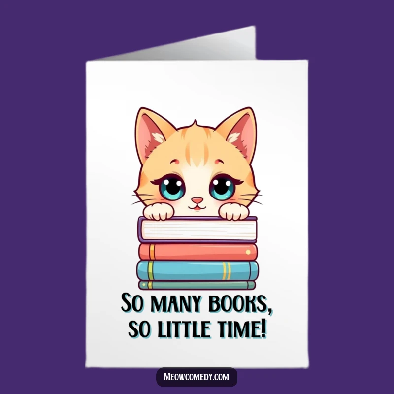 Free Printable Birthday Card: Curious Kawaii Cat Book Stack Downloadable Gift