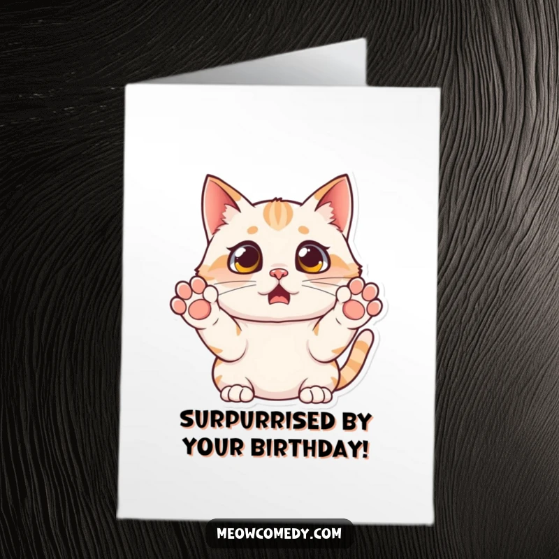 Funny Free Printable Birthday Card featuring a wide-eyed cat with paws held up in mock fear and surprise, shouting Happy Birthday!