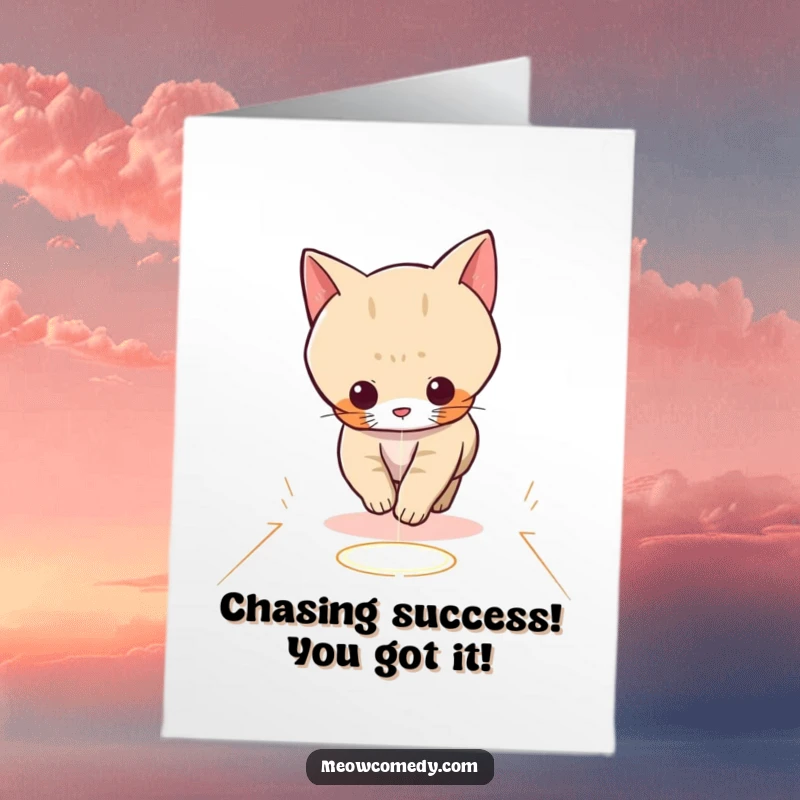 Funny Free Printable Congratulations Card: A kawaii cat playfully dashes after a laser dot, symbolizing focused pursuit of success.