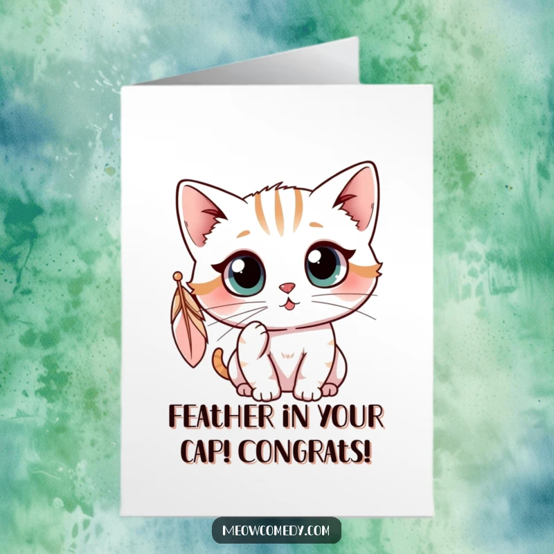 Funny Free Printable Congrats Card: Kawaii cat's curious eyes focused on batting a dangling feather.