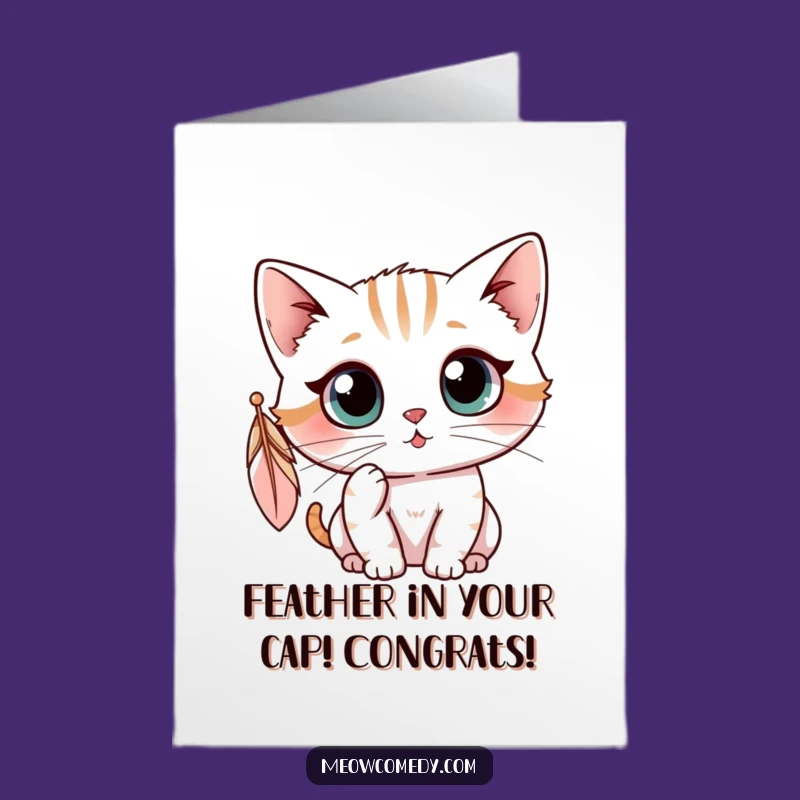 Free Printable Congrats Card: Kawaii Cat Feather Fascination - Funny Downloadable Gift