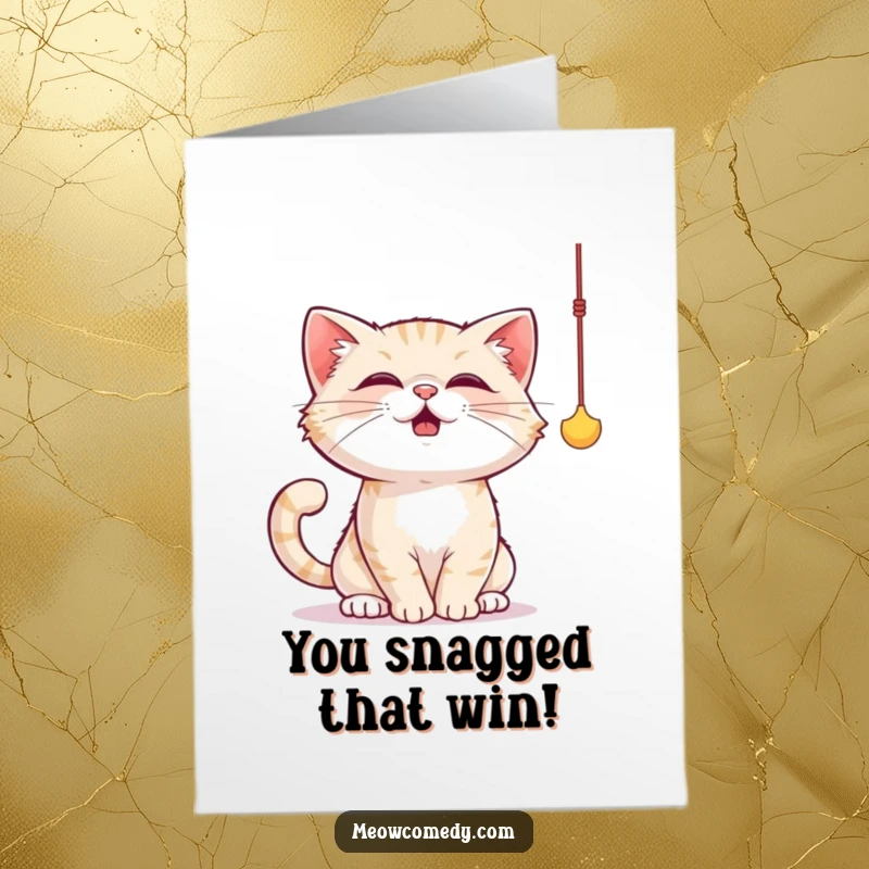 Funny Free Printable Congratulations Card with a cute cat captured in the act of playfully batting at a string.