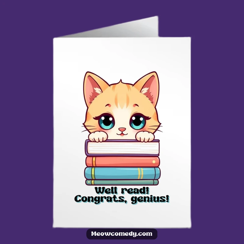 Free Printable Congrats Card: Curious Kawaii Cat Book Lover Downloadable Gift
