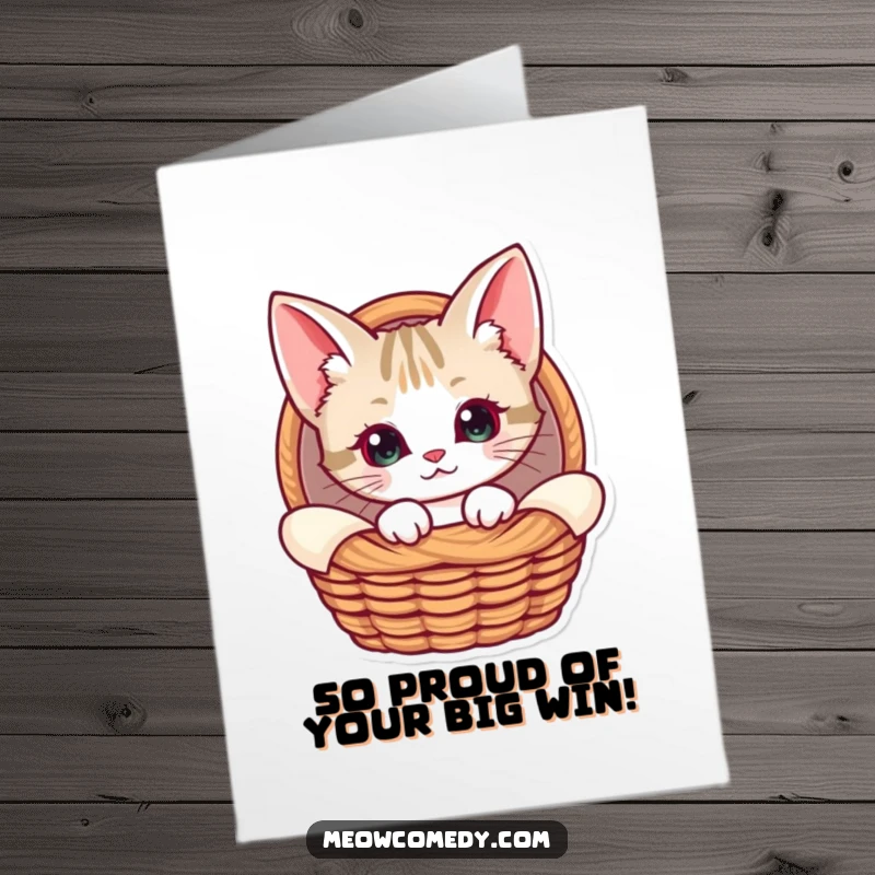 Funny Free Printable Congrats Card: A kawaii cat with large ears curiously observes from a soft, inviting basket.