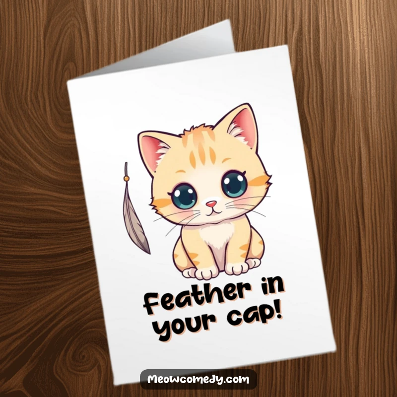 Funny free printable congratulations card: Kawaii cat excitedly bats at a feather, celebrating a successful endeavor.
