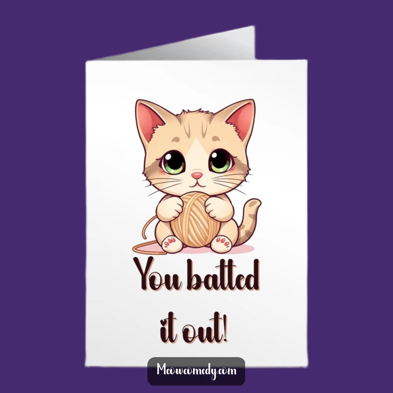 Free Printable Congrats Card: Funny Cat Yarn, Huge Eyes Cat Celebration Card