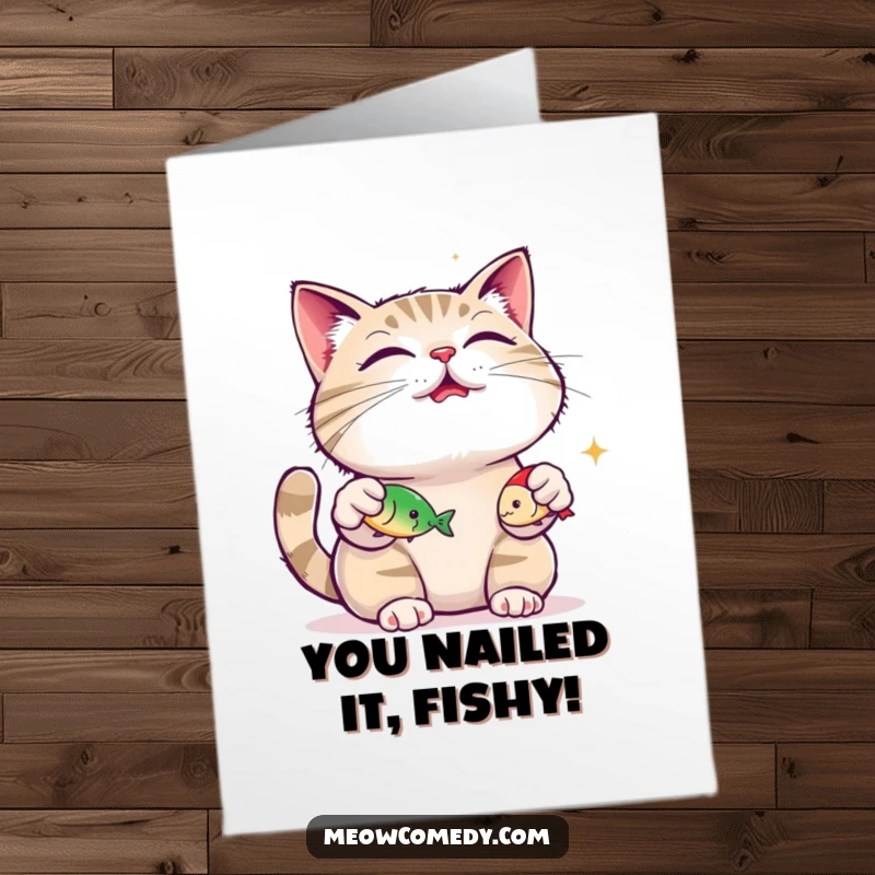 Funny Free Printable Congrats Card: A content cat juggles three fish toys, radiating pure bliss.