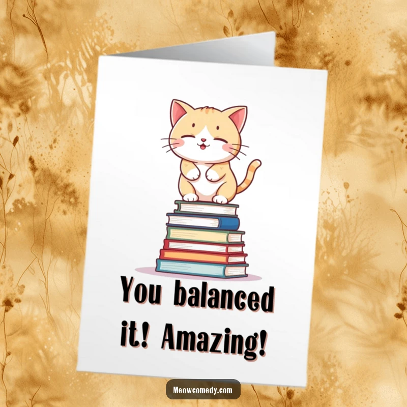 Funny Free Printable Congrats Card: Kawaii cat finally balancing on a wobbly stack of books, a metaphor for success.