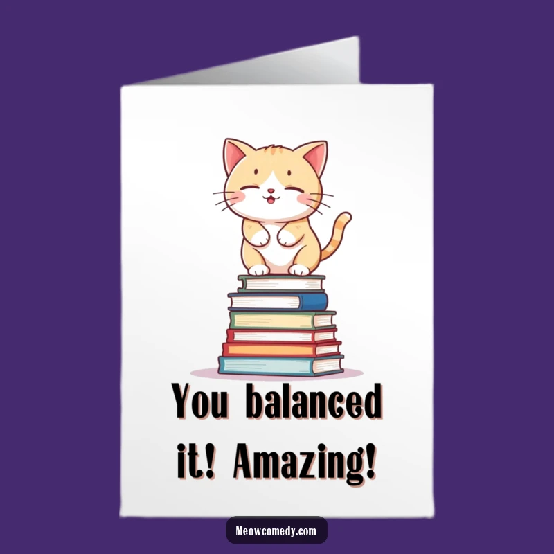 Free Printable Congrats Card: Kawaii Cat Book Triumph - Funny Downloadable Gift