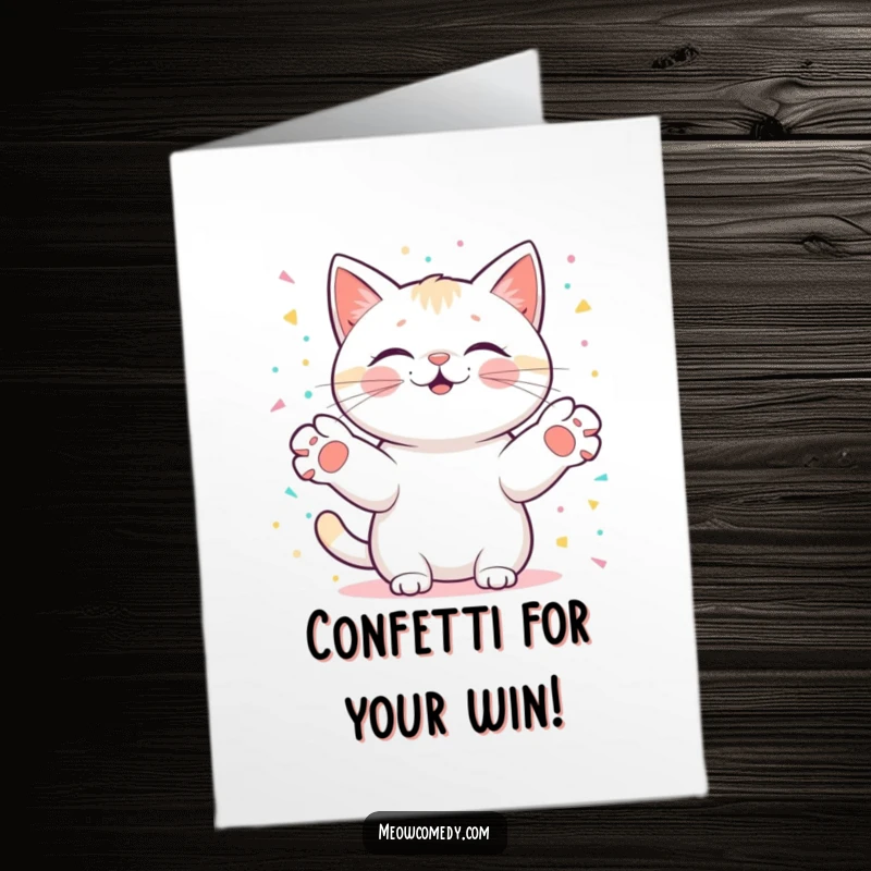 Funny Free Printable Congratulations Card: Kawaii cat with paws outstretched, joyfully catching digital confetti, a downloadable celebration.