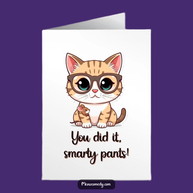 Free Printable Congrats Card: Kawaii Cat Glasses, Tiny Mouse Pal, Humorous Downloadable Gift