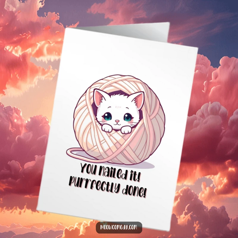 Funny Free Printable Congrats Card: Kawaii cat emerging from a giant yarn ball, celebrating success.
