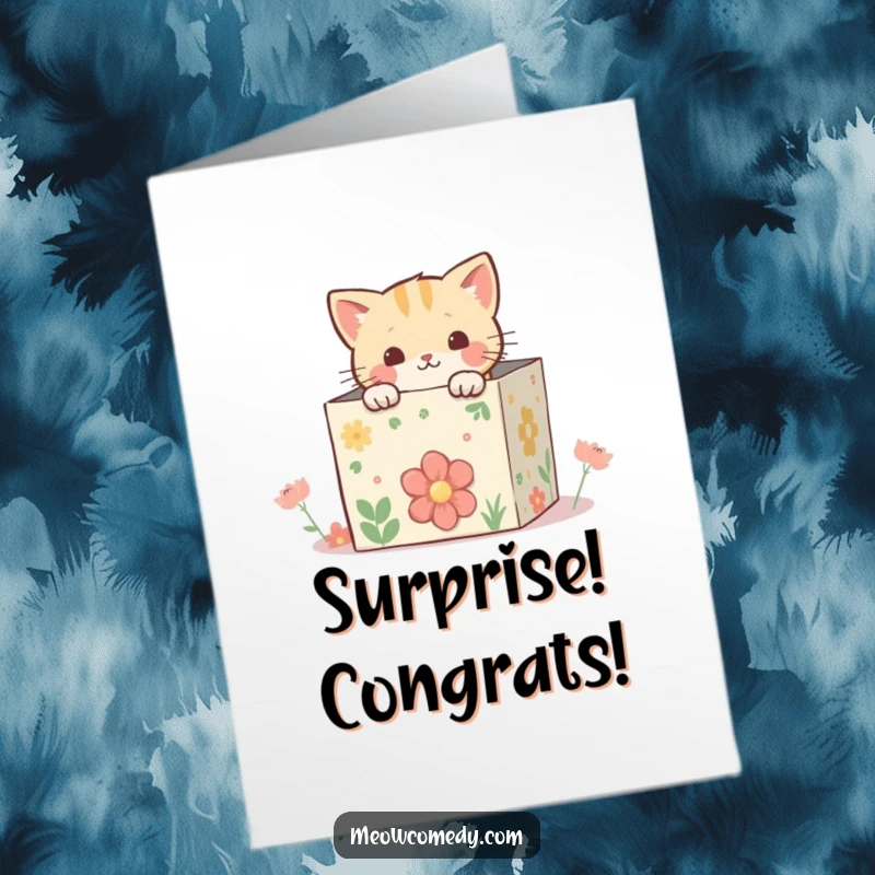 Funny Free Printable Congratulations Card: Kawaii cat peeking from a whimsical, decorated box, a downloadable message of joy.