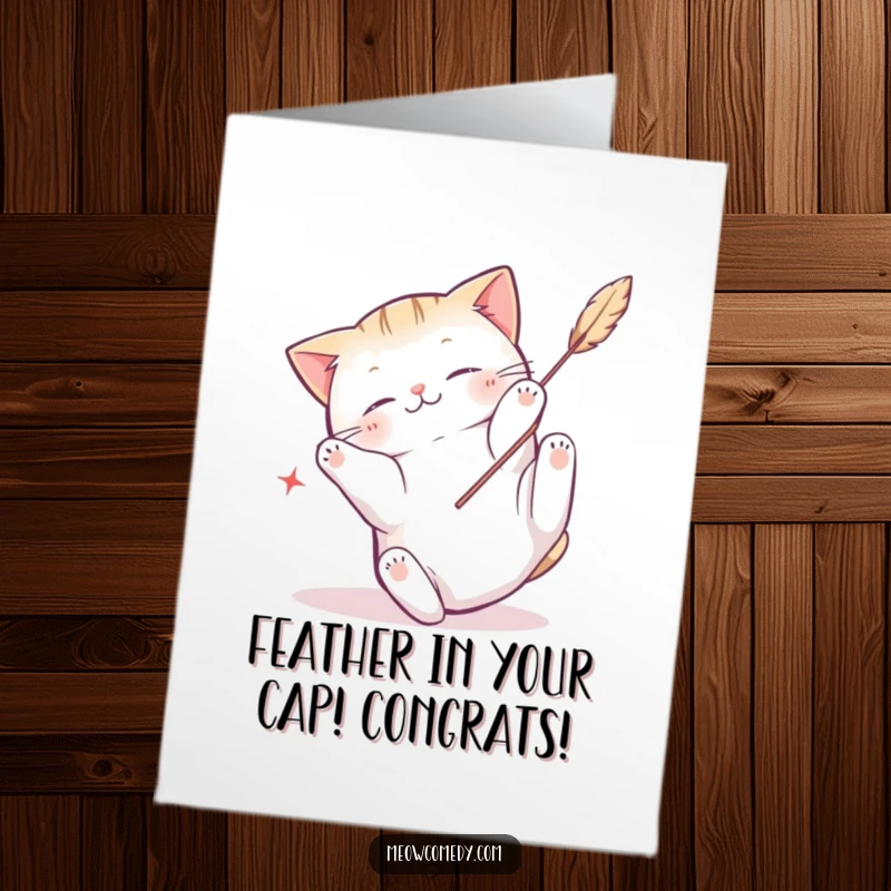 Free Printable Congrats Card: Kawaii cat tumbling energetically while playing with a feather toy, joyful and active.