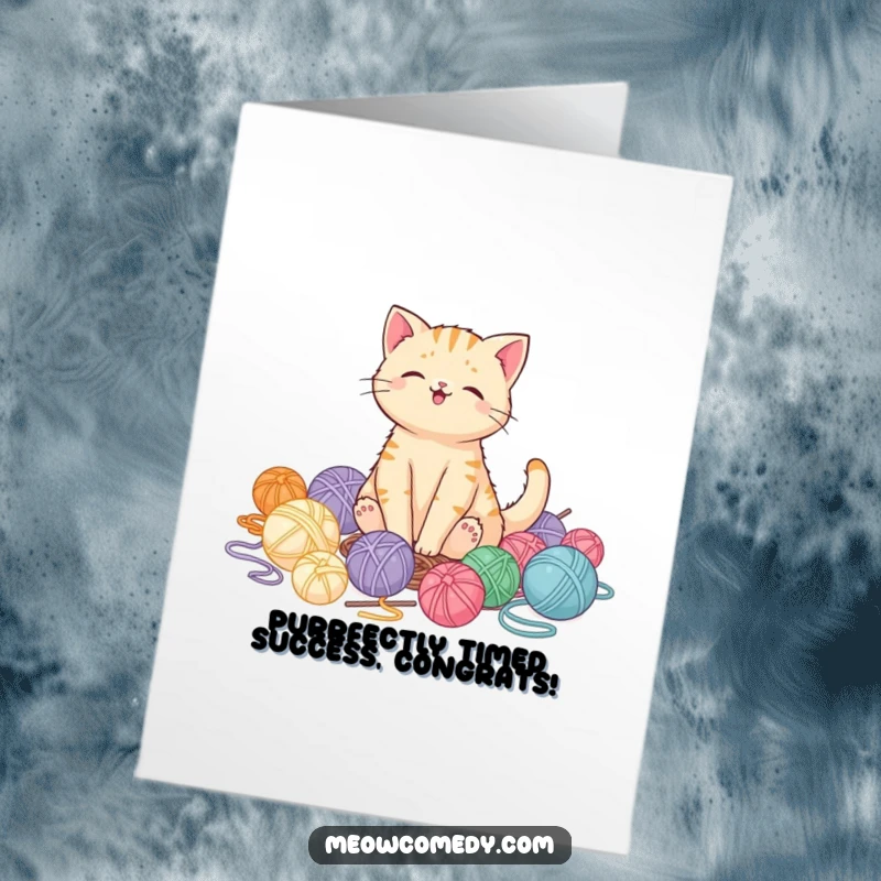 Free Printable Congratulations Card showing a content kawaii cat blissfully surrounded by a heap of colorful yarn balls.