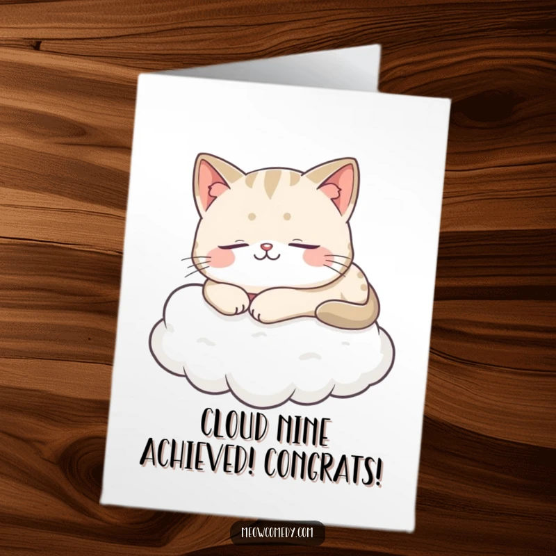Funny free printable congratulations card, a cat smiling peacefully while napping on a fluffy cloud, a symbol of calm success.