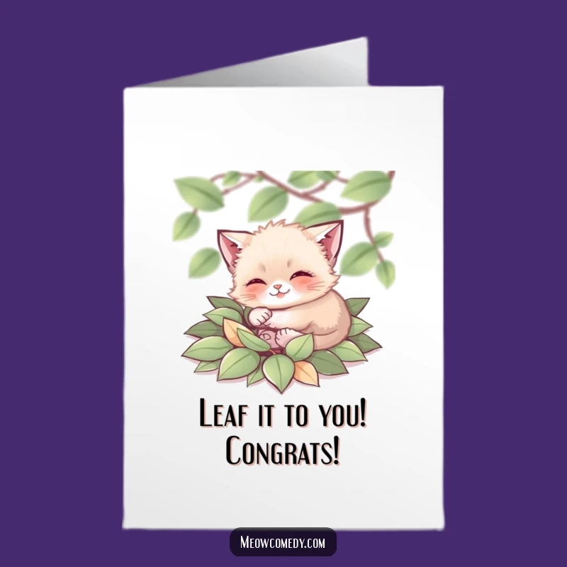 Free Printable Congrats Card: Tiny Cat's Leaf Pile for Happy Moments
