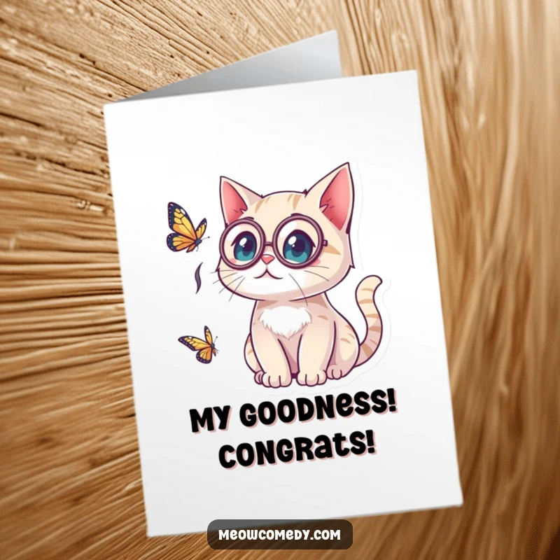 Funny Free Printable Congratulations Card: Kawaii cat in a monocle, eyes wide with surprise at a butterfly, a downloadable congratulations.