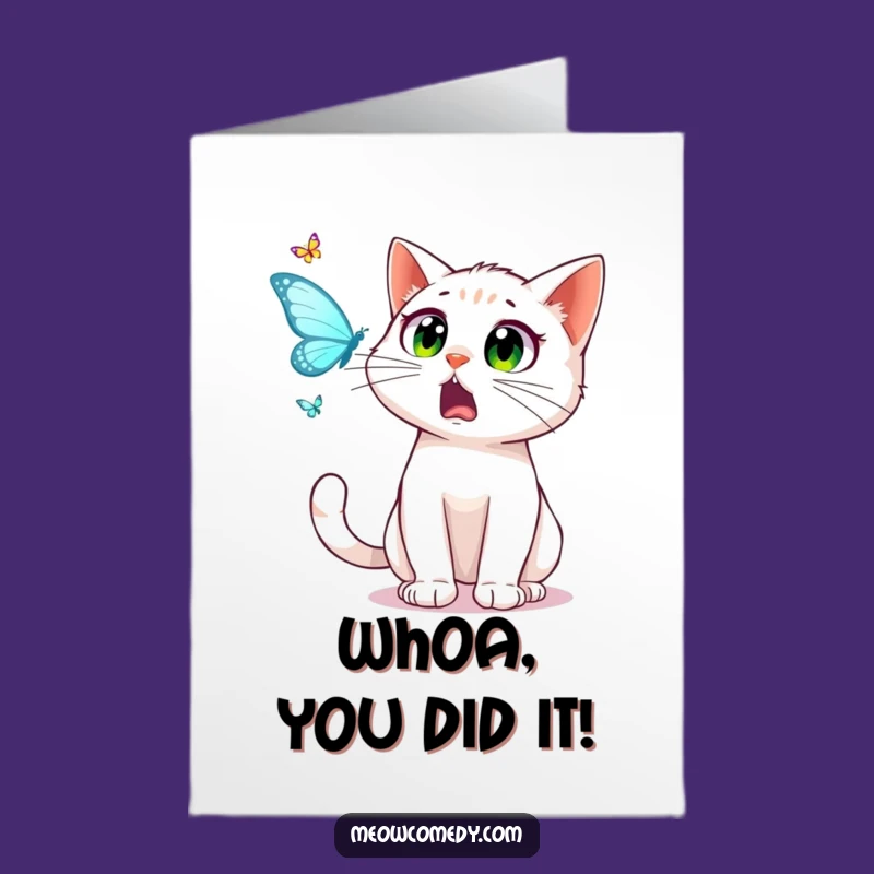 Free Printable Congrats Card: Startled Cat Amazed by Butterfly, Hilarious Downloadable Gift