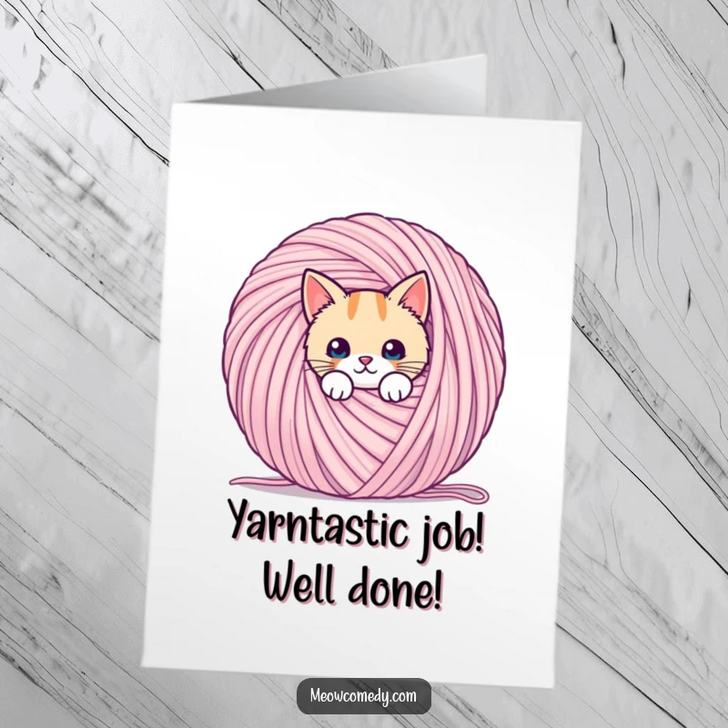 Funny Free Printable Congratulations Card: A kawaii cat peeks mischievously from behind a giant ball of yarn, celebrating achievement.
